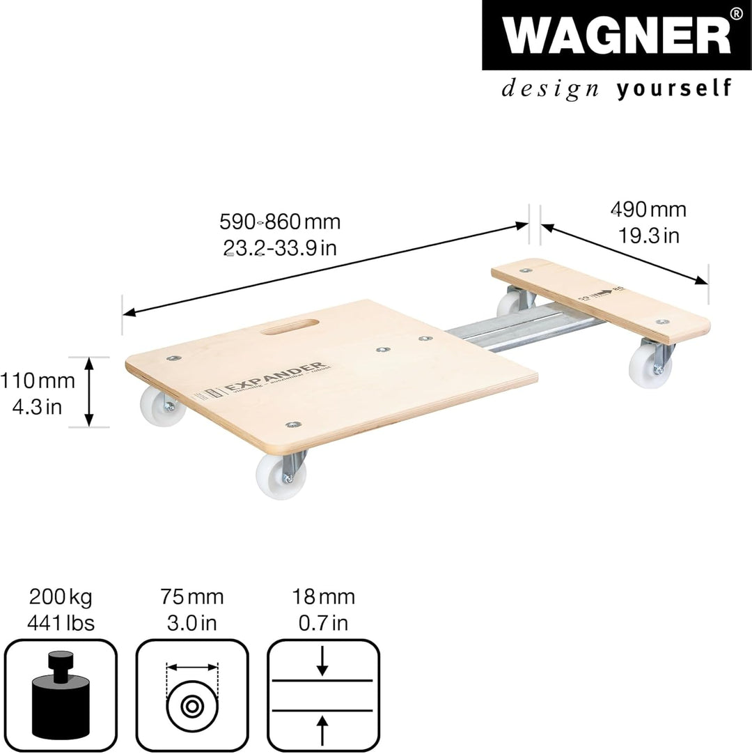 WAGNER Transportroller Transporthilfe 1332 I Schichtholz 74-101 x 37 x 14,5 cm, Tragkraft 200 kg I M