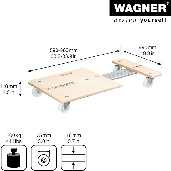 WAGNER Transportroller Transporthilfe 1332 I Schichtholz 74-101 x 37 x 14,5 cm, Tragkraft 200 kg I M