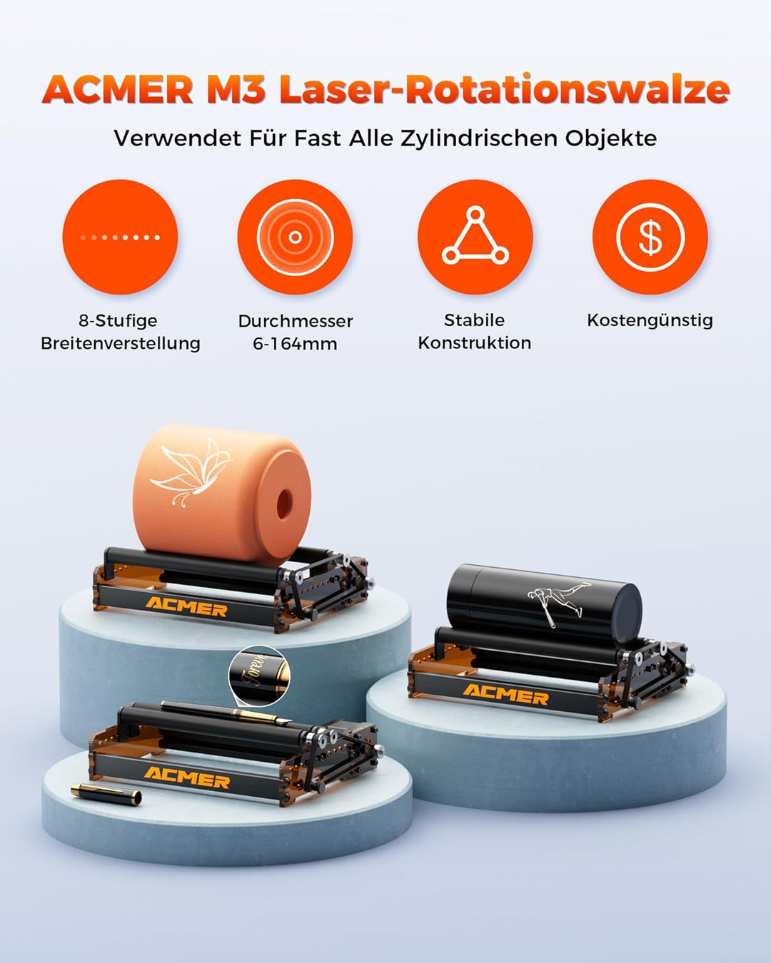 ACMER M3 Laser Rotary Roller,6-164 mm Gravurdurchmesser,370mm Gravurlänge, Laser-Rotationswalze komp