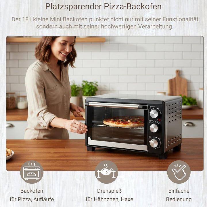 Syntrox 18 l Kleiner Mini Backofen Bokabu | Miniofen | Pizzaofen | Pizzabackofen, 1200 Watt, mit Tim
