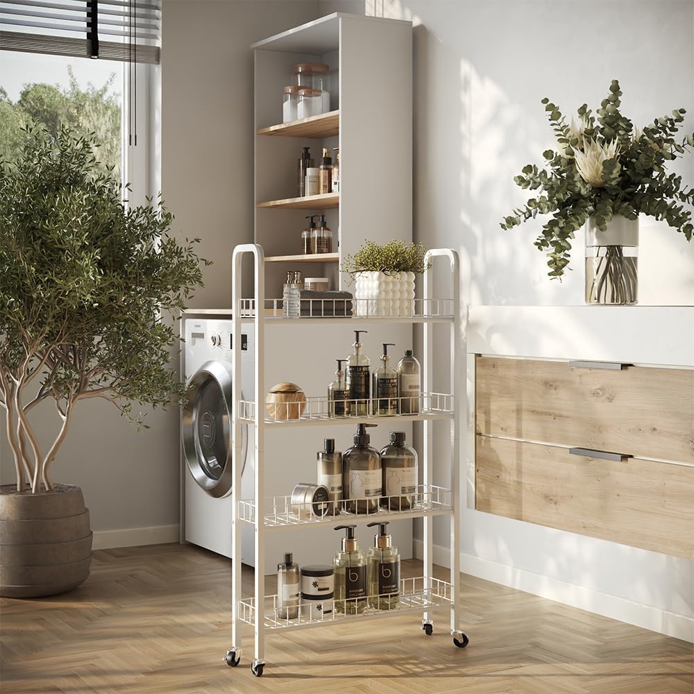 Vicco Rollregal Rolivo, Weiss, 58 x 15 cm mit 4 Fächern, auf Rollen flexibel positionierbar für schm
