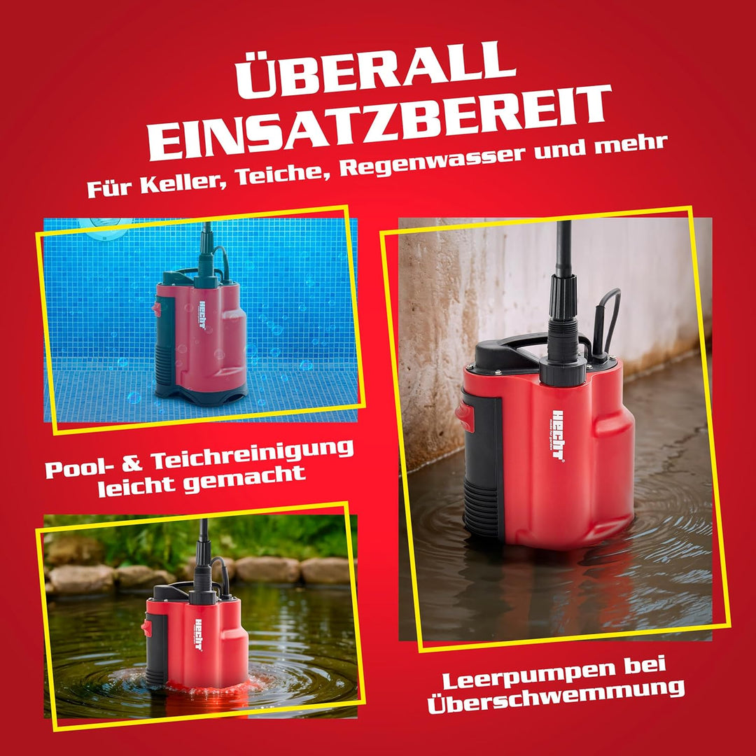 HECHT Tauchpumpe 750 W – 13 000 l/h Schmutzwasser &amp; Klarwasser Automatik-Schwimmerschalter – Bis 9 m