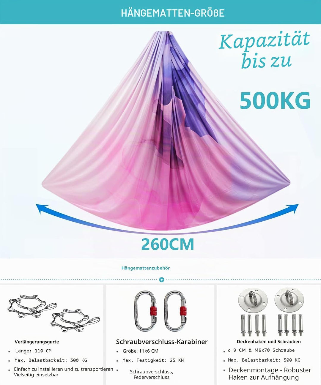 Yoga-Set für Erwachsene, Yoga-Zubehör, 500 kg Belastung, inkl. Kompletter Installationshardware Muti