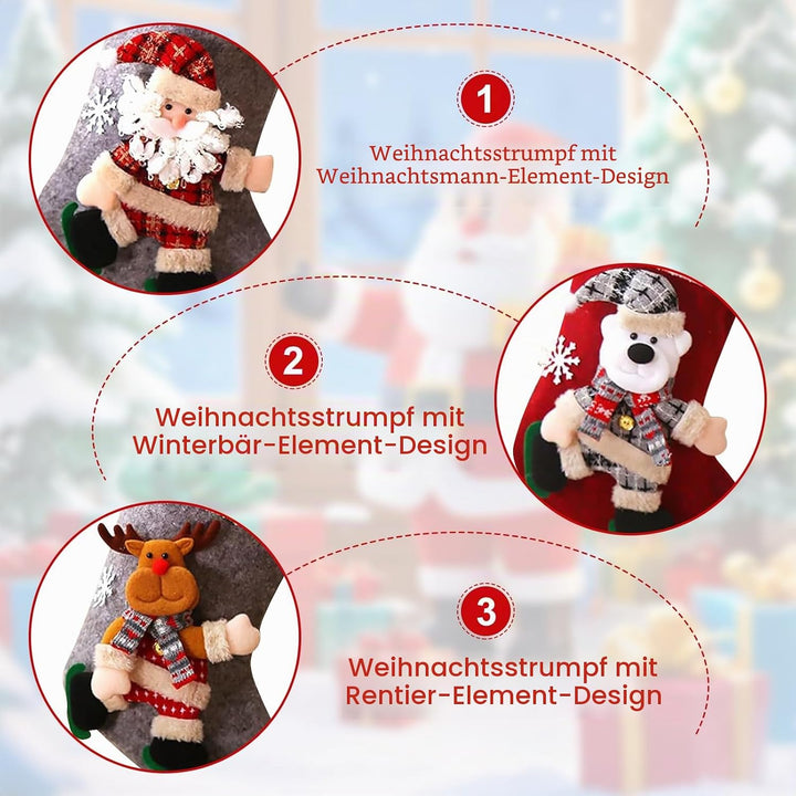 Nikolausstrumpf 3er Set, Personalisiert Grosser 3D Weihnachtsstrumpf, Nikolausstiefel zum Befüllen B