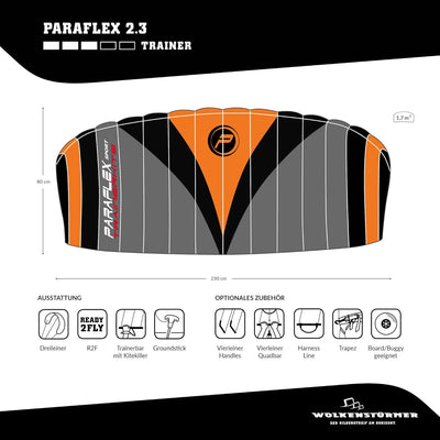 Wolkenstürmer® Paraflex Trainer 3-Leiner Lenkmatte 2.3 schwarz/orange - „Ready to Fly“ Kite Drachen