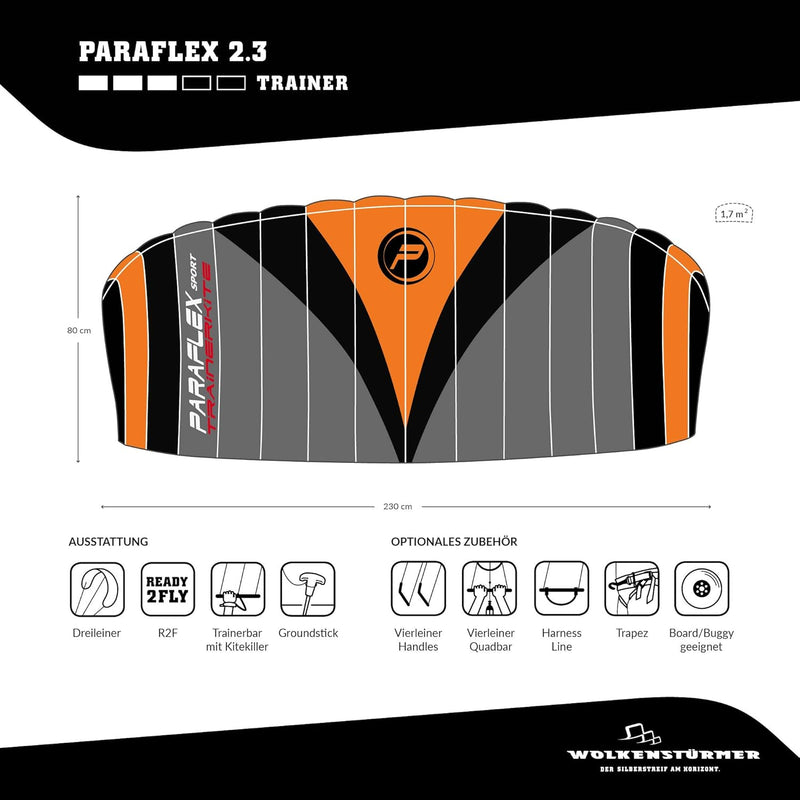 Wolkenstürmer® Paraflex Trainer 3-Leiner Lenkmatte 2.3 schwarz/orange - „Ready to Fly“ Kite Drachen