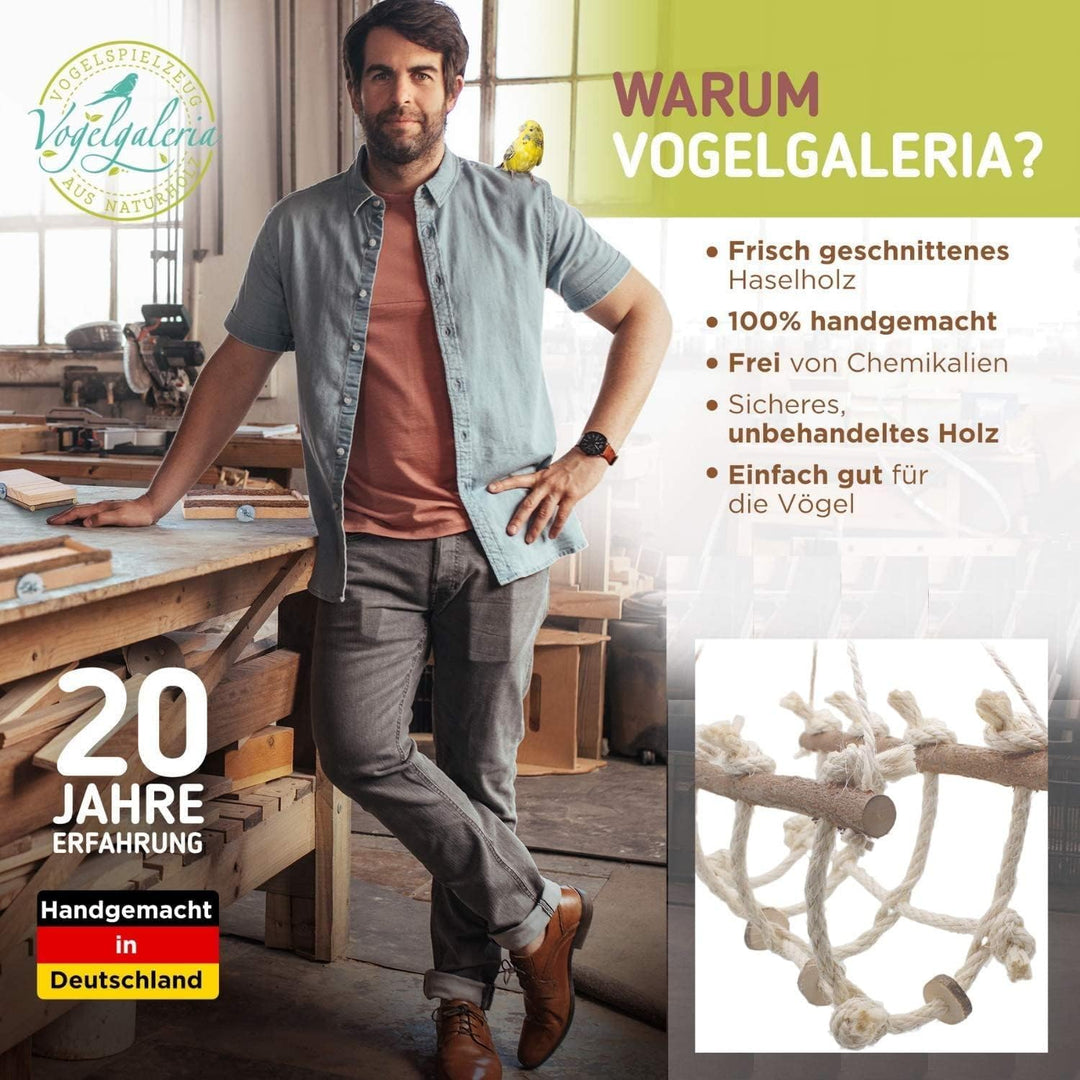 Vogelgaleria® Kletterspielzeug für Vögel aus Sisal und Naturholz - 3 in 1 (Klettern, Sitzen, Knabber