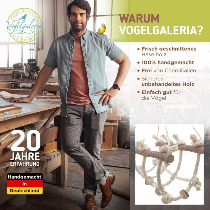 Vogelgaleria® Kletterspielzeug für Vögel aus Sisal und Naturholz - 3 in 1 (Klettern, Sitzen, Knabber