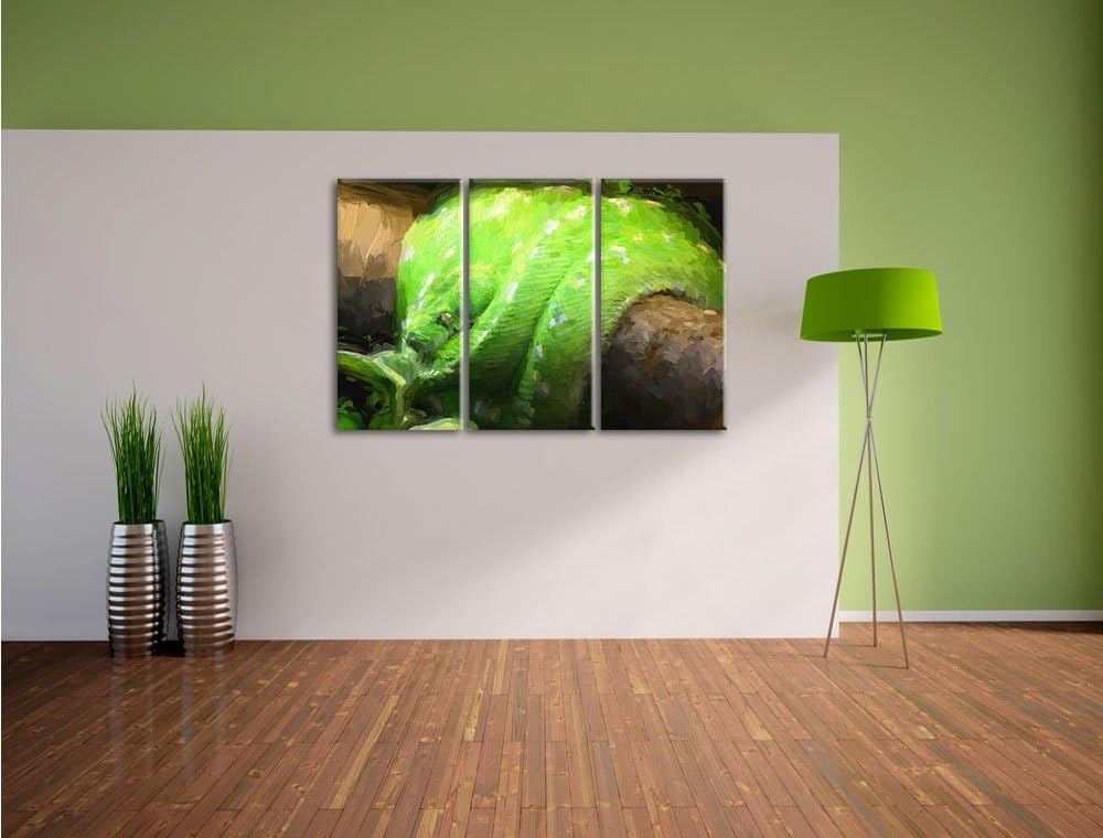 Pixxprint Grüne exotische Schlange / 3-Teilig/Gesamtmass 120cm Leinwandbild bespannt auf Holzrahmen/