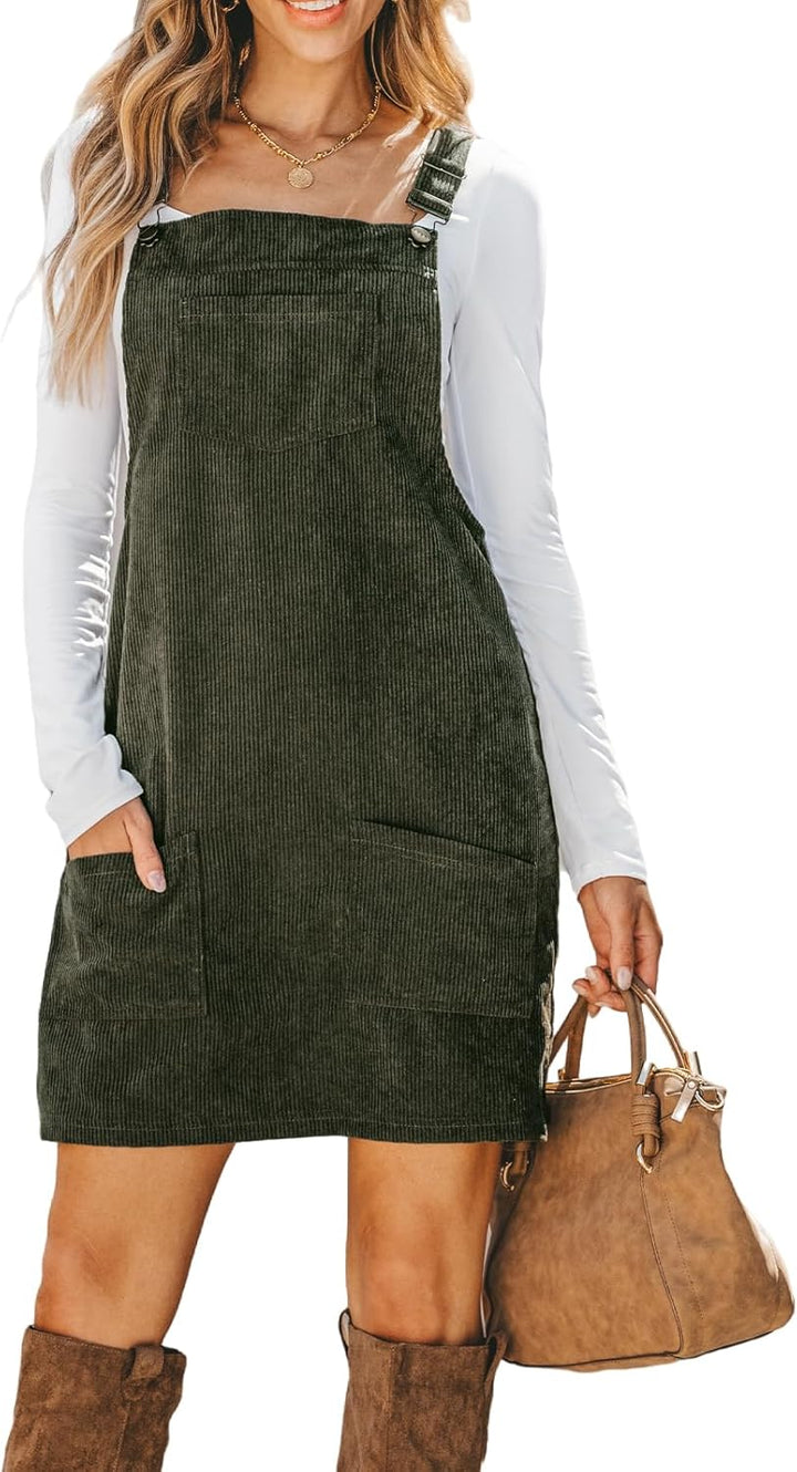 CUPSHE Damen Latzrock Quadratischer Ausschnitt Hosenträger Taschen Cord Latzkleid Overallkleid Freiz