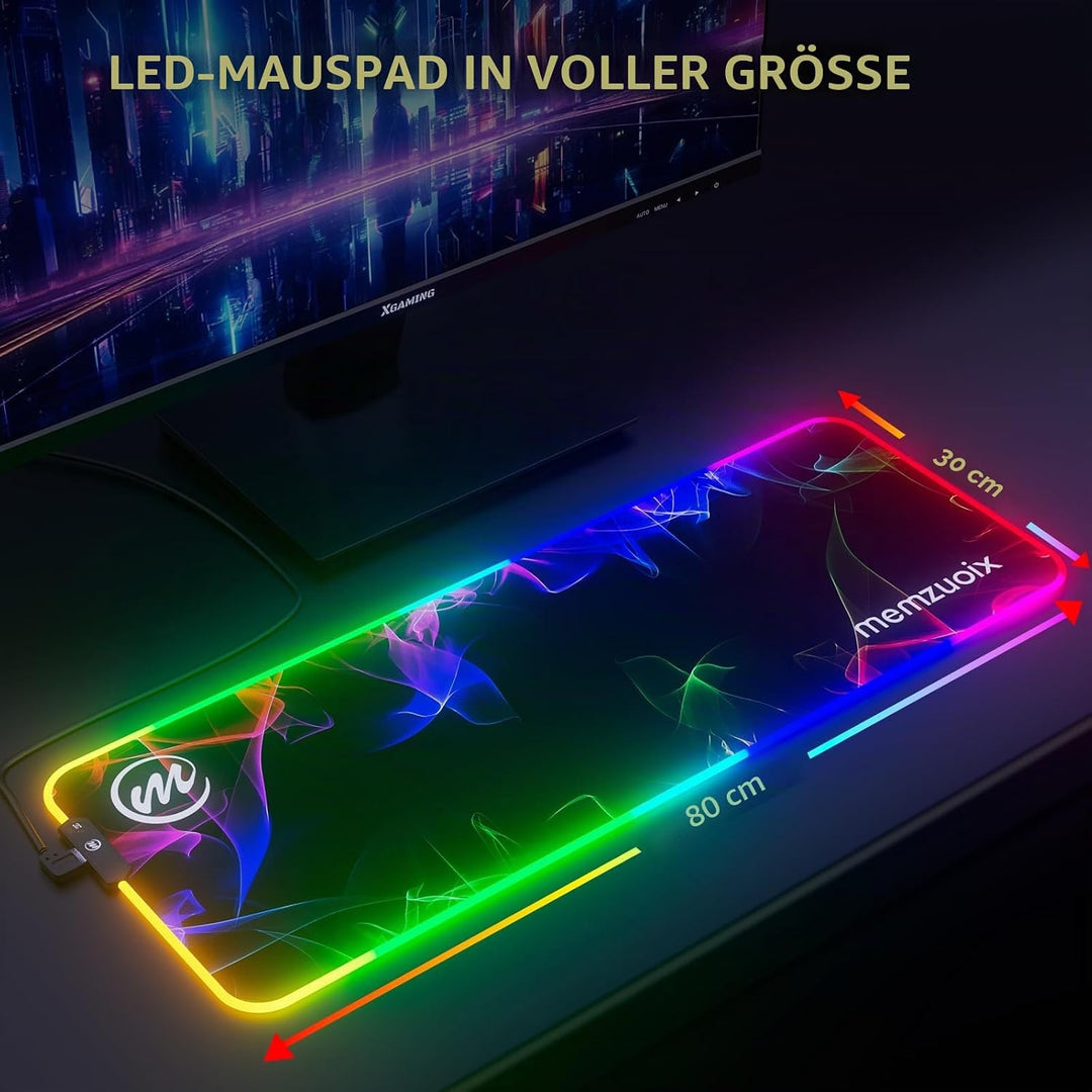 RGB Gaming Mauspad XXL 80×30 cm – Grosses LED Mousepad mit 12 Beleuchtungsmodi, Rutschfester Gummiba