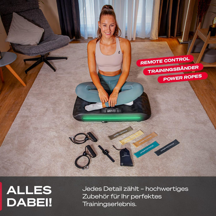 Sportstech 4D Vibrationsplatte für Zuhause, VP400 und sVibe, Smart LED, Trainingsbänder und Ropes, A
