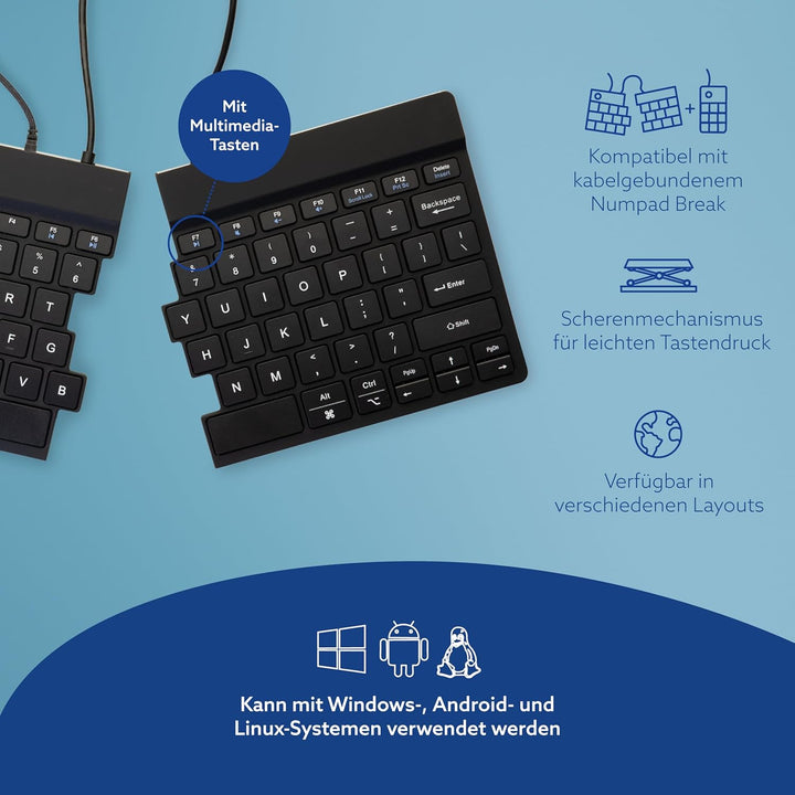 R-Go Split Tastatur, Ergonomische Design mit Geteilte Tastenfeld und Integrierter Pausenanzeige, QWE