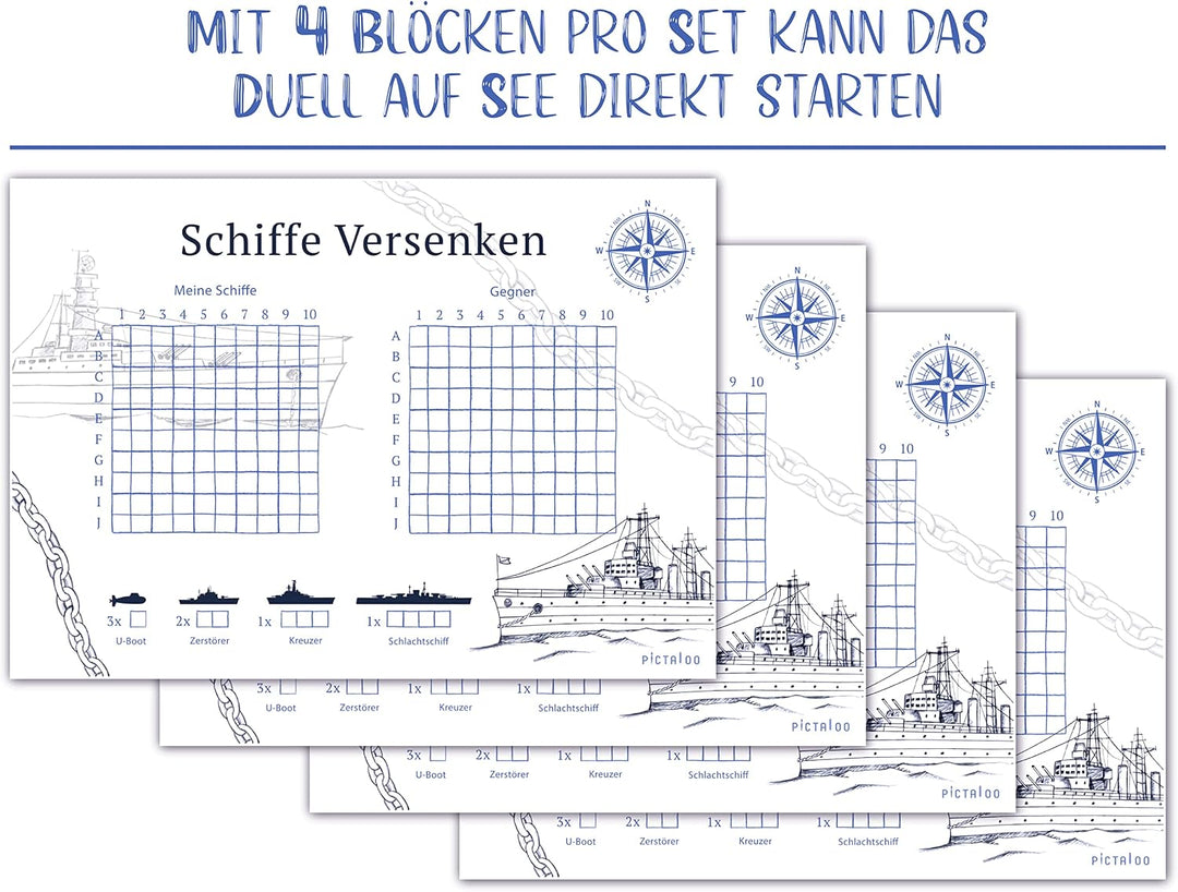 PICTALOO Schiffe Versenken Spielblock Set, Flottenmanöver mit 50 Blatt pro Block DIN A5, Reisespiel