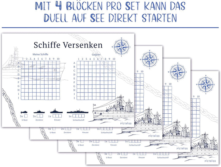 PICTALOO Schiffe Versenken Spielblock Set, Flottenmanöver mit 50 Blatt pro Block DIN A5, Reisespiel