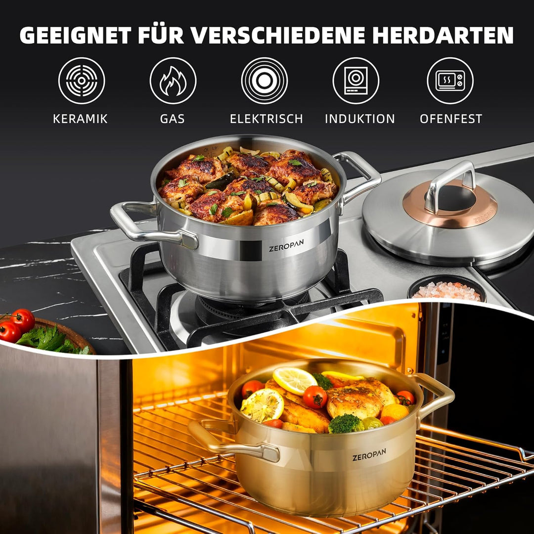 Kochtopf mit Deckel Hybrid 24cm/5L, Kasserolle Induktion Suppentopf, Kühl bleibender Griff, Spülmasc