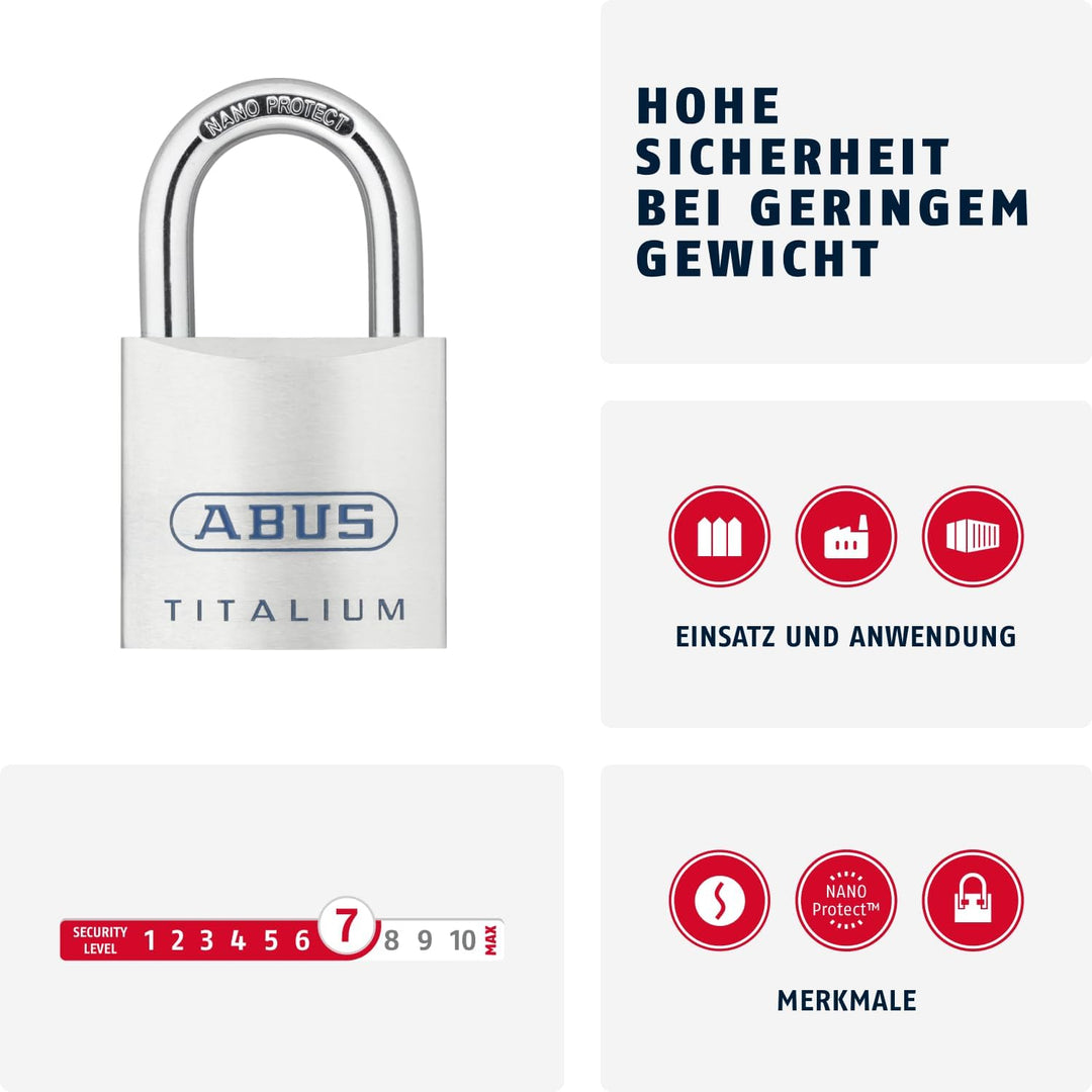 ABUS Titalium Vorhängeschloss 80TI/45 gl.-8012 - gleichschliessend - Kellerschloss mit leichtem, mas