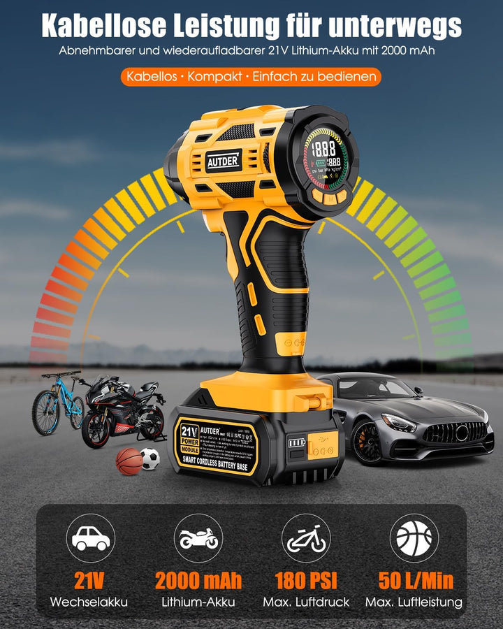AUTDER Akku Kompressor, Luftkompressor, Tragbare Elektrische Luftpumpe mit 21V Akku und Auto-Netztei