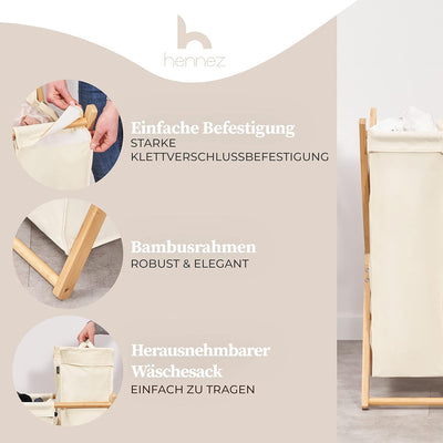 Hennez Wäschesammler XXL - Wäschekorb 3 Fächer - Wäschesortierer Wäschebox - Holz - Wäschetrenner Be