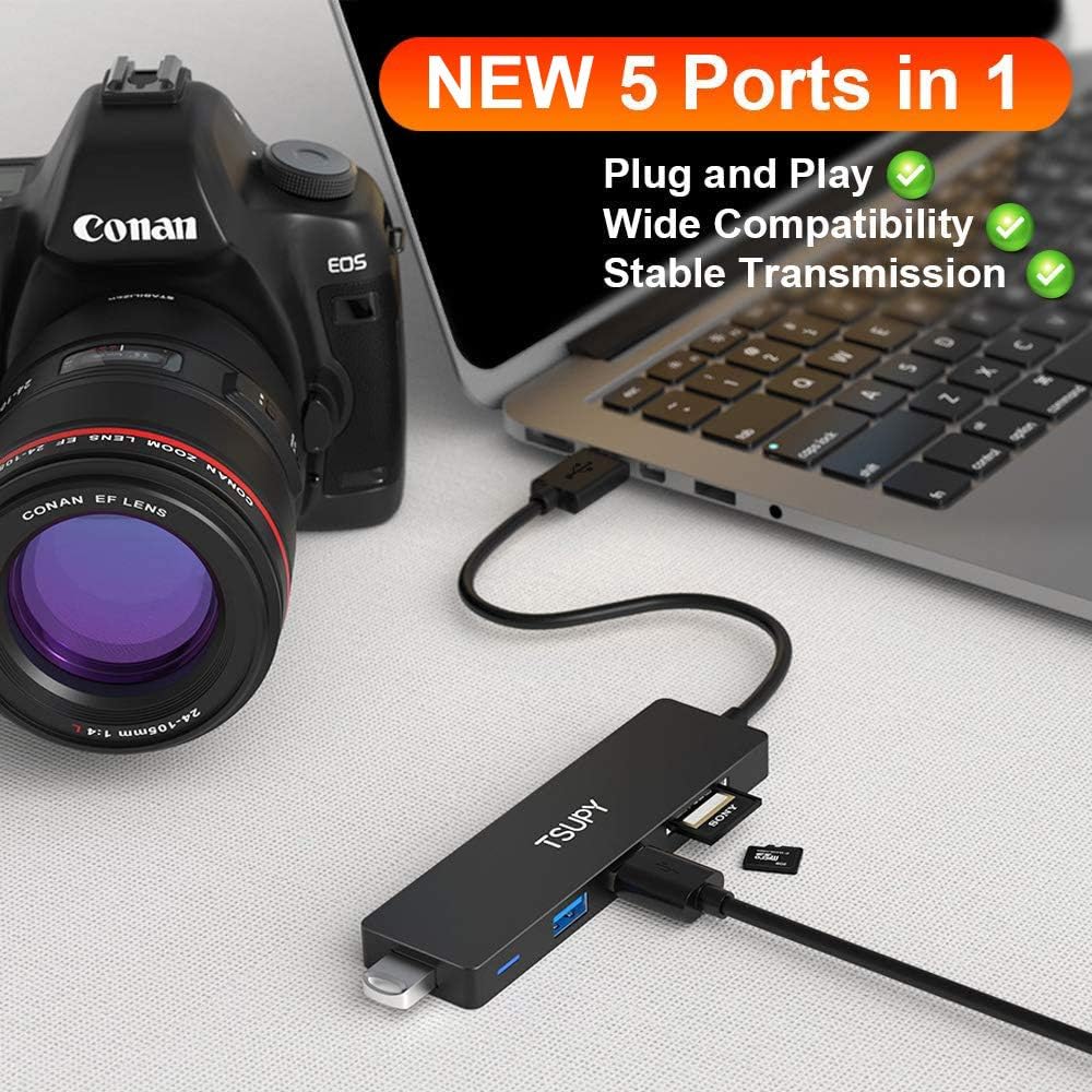 TSUPY USB-3.0-Hub, Multiport-Splitter, 5 USB-Ports mit Micro-SD-Kartenleser für PC, MacBook, Surface