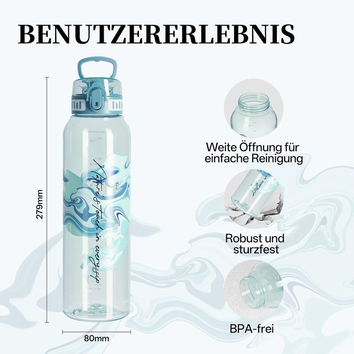 UZSPACE Trinkflasche Sport 1L, Tritan Bpa-Frei Trinkflasche Auslaufsicher mit Einhandbedienung, Kohl