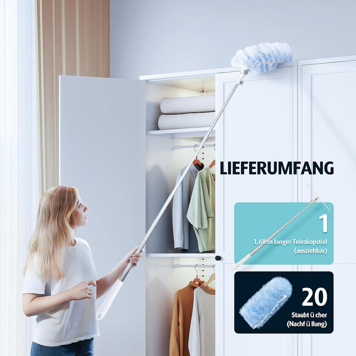 AIR U+ 180cm Staubwedel Teleskop mit 20 Stück für Swiffer - Staubwedel Lang Ausziehbar, Einweg Mikro