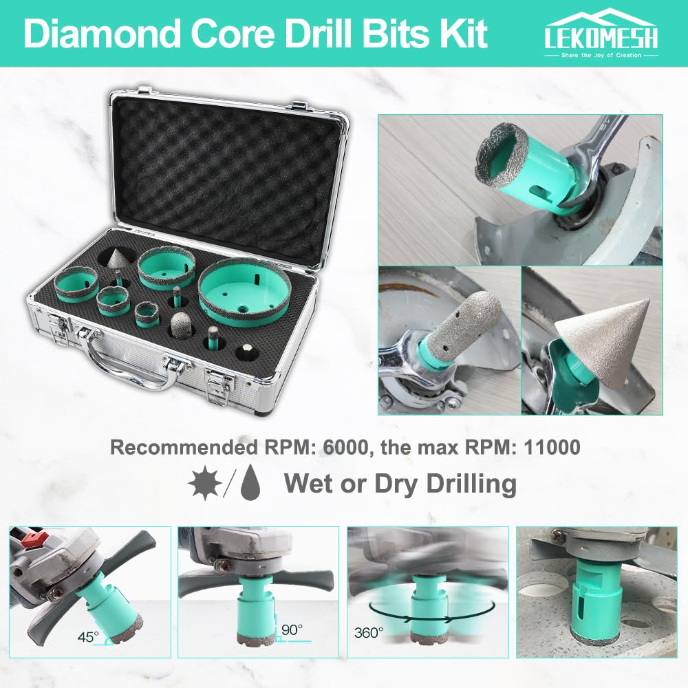 LEKOMESH Diamant Bohrkrone Kit - 11 Stück (6/8/10/25/35/50/68/100mm+20mm Diamant Fingerfräser+50mm D