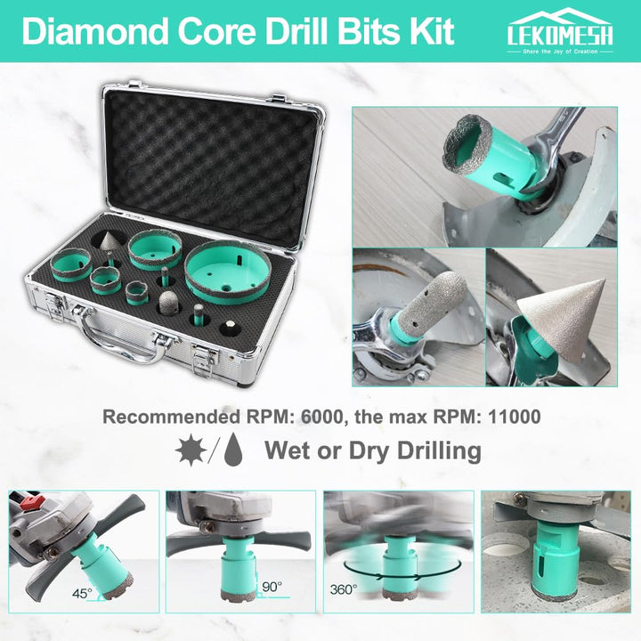 LEKOMESH Diamant Bohrkrone Kit - 11 Stück (6/8/10/25/35/50/68/100mm+20mm Diamant Fingerfräser+50mm D