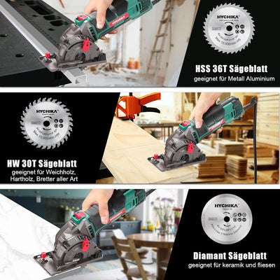 Mini Kreissäge, HYCHIKA Handkreissäge mit 3 Sägeblättern, Laserführung, Skalenlineal, 500W Motor aus