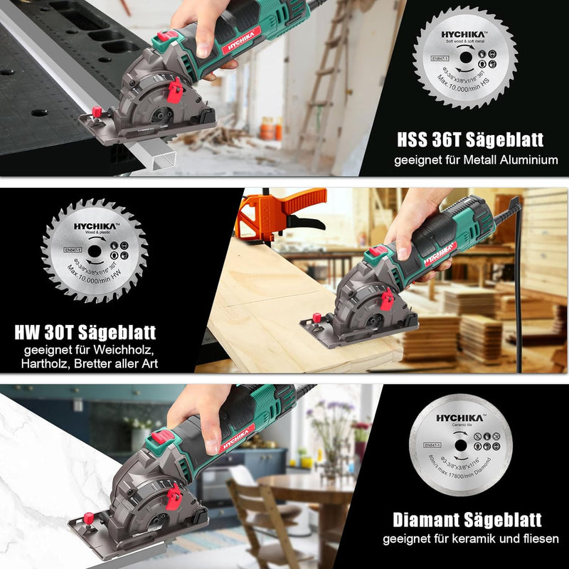 Mini Kreissäge, HYCHIKA Handkreissäge mit 3 Sägeblättern, Laserführung, Skalenlineal, 500W Motor aus