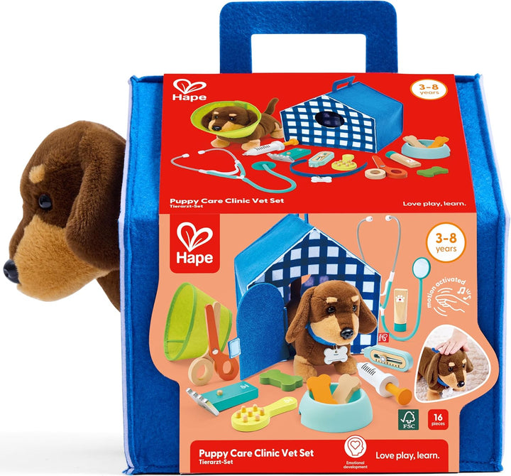 Hape Tierarzt-Set, Interaktiver Hund mit tragbarer Hundehütte, viel Zubehör, ab 3 Jahren