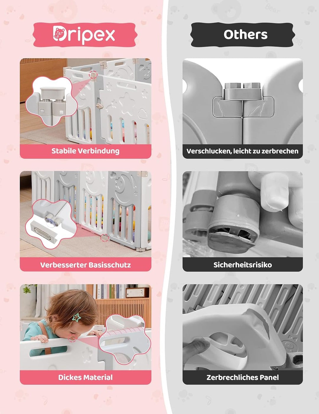 Dripex Laufstall Baby, 2 paneele, Laufgitter Baby, Baby Playpen, Laufstall in Anpassungsfähiger Form