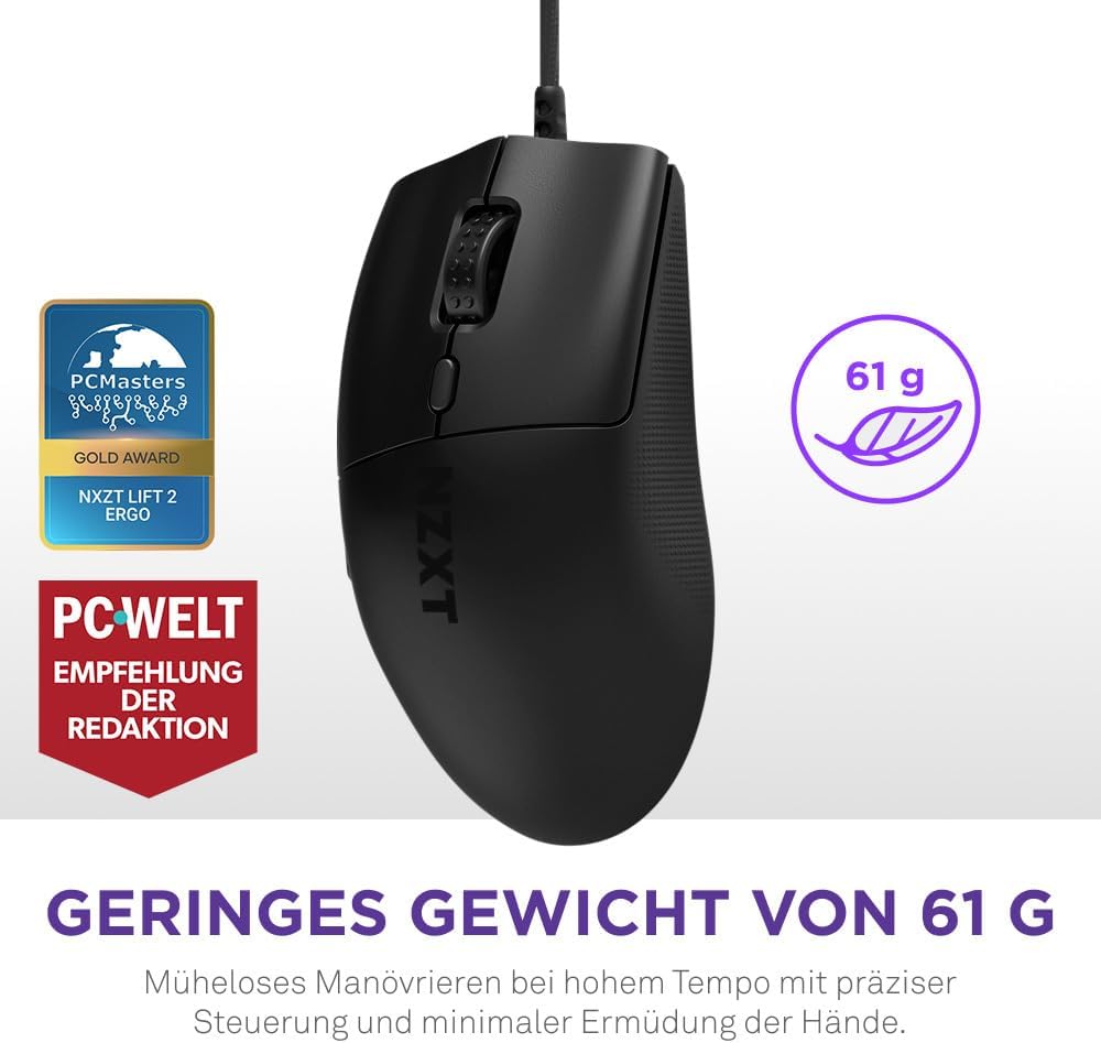 NZXT Lift 2 Ergo | Leichte ergonomische kabelgebundene Gaming-Maus | Leichte 61-g-Konstruktion | 8K-