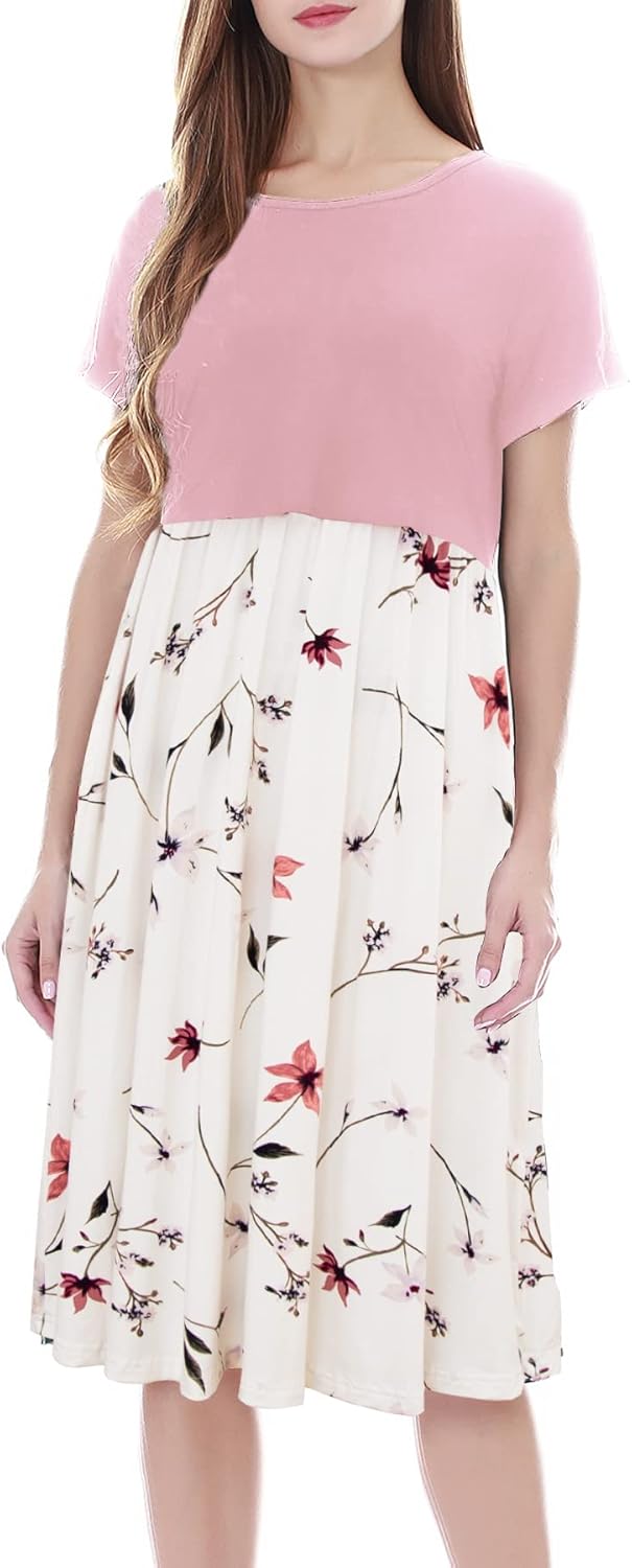 Smallshow Damen Lässiges Kurzarm Stillkleid Umstandskleid für Stillen Rosa-svp033 S, Rosa-svp033 S
