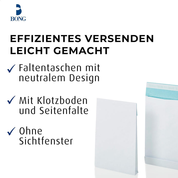 Bong Faltentasche B4 (125 Stück), haftklebende Faltentaschen mit Klotzboden, fadenverstärkte weisse