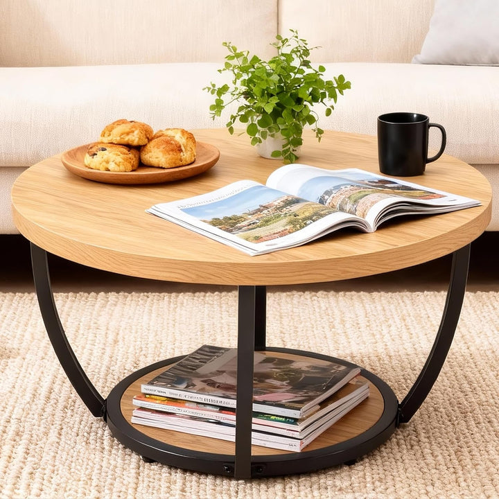 Mingone Couchtisch Rund, Industrial 2-Tier-Kreis Wohnzimmertisch mit Offenem Stauraum, Holz Coffee T