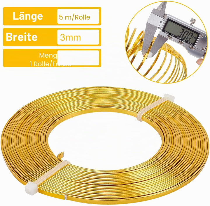 BENECREAT 20m 4 Farben Aluminium Flachdraht 3mm Breit Silber Gold Biegbarer Basteldraht Für Lünette,