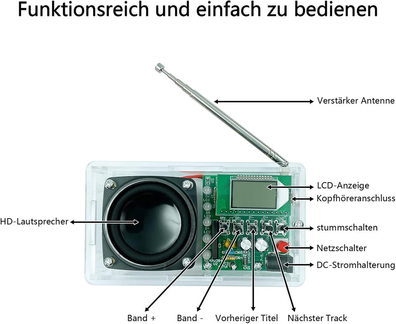 EIELE Radio mit automatischem Sendersuchlauf Siebenfarbig blinkende Audio-LEDs Störungsarme LCD-Anze