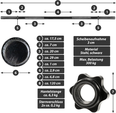 MAXXIVA Hantelstange 120 cm Langhantelstange Krafttraining Zugstange schwarz verchromt Sternverschlu