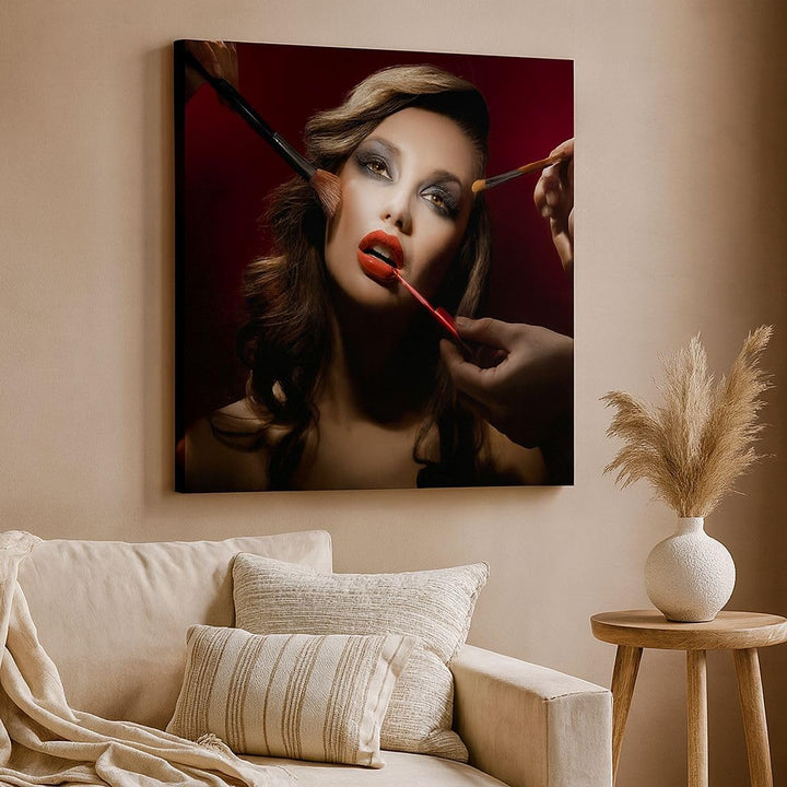 Bilder auf Leinwand 70x70cm Leinwandbild mit Rahmen Frau Make-up schön Gross Wanddeko Bild Schlafzim