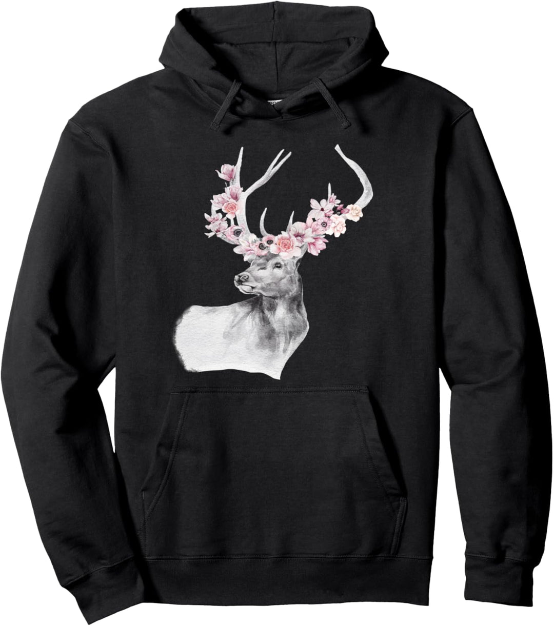 Hirschgeweih Geschenke Blumen Aquarell Schwarz Pullover Hoodie