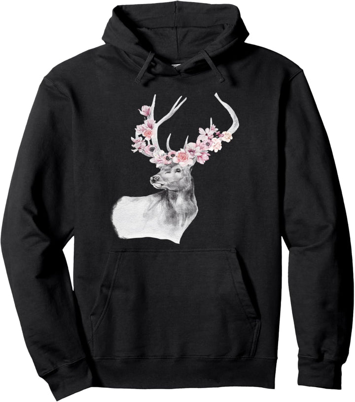 Hirschgeweih Geschenke Blumen Aquarell Schwarz Pullover Hoodie