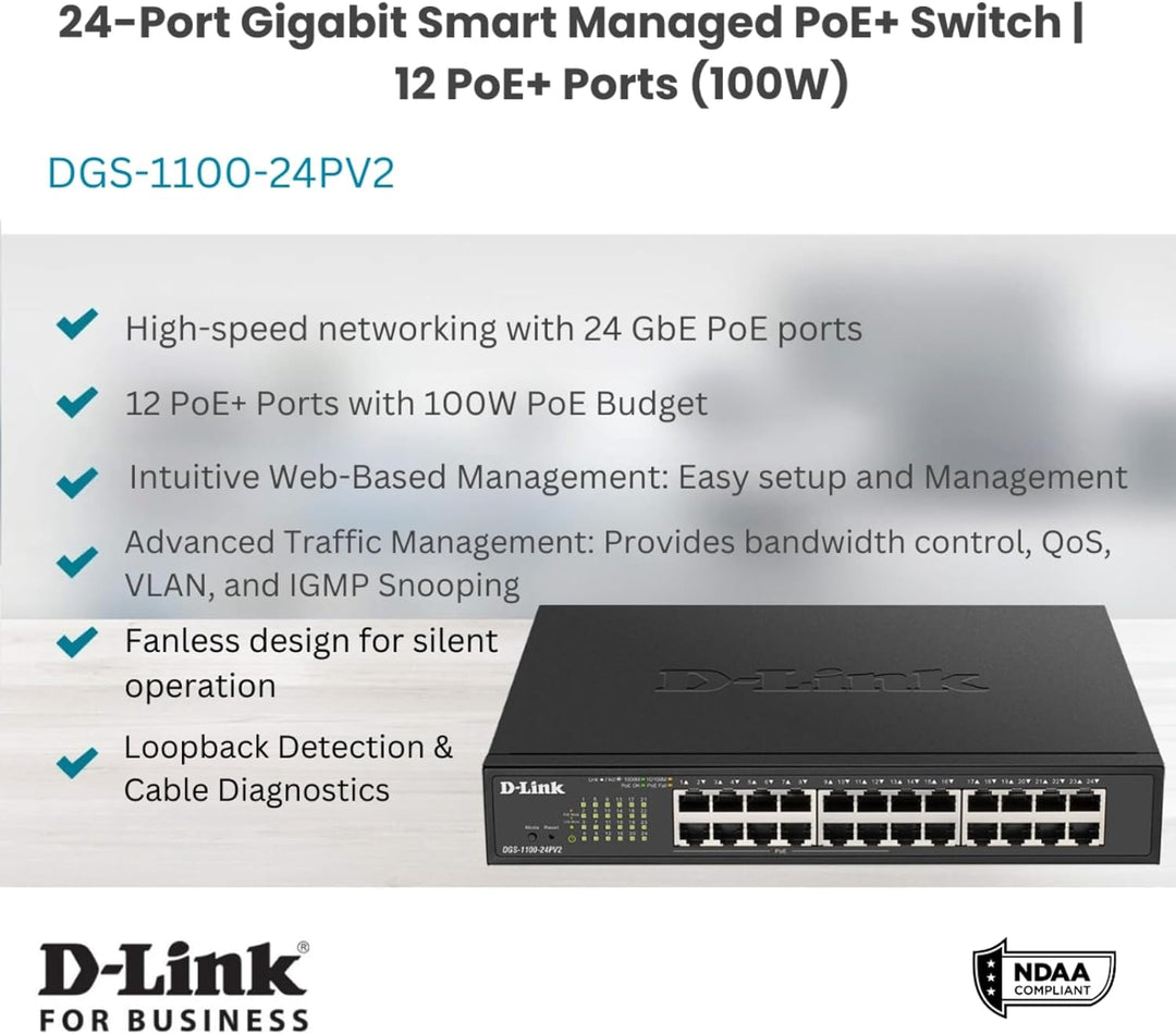 D-Link DGS-1100-24PV2 24-Port Gigabit PoE Smart Switch (24 x 10/100/1000 Mbit/s, davon 12 PoE-Ports,