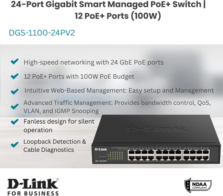 D-Link DGS-1100-24PV2 24-Port Gigabit PoE Smart Switch (24 x 10/100/1000 Mbit/s, davon 12 PoE-Ports,