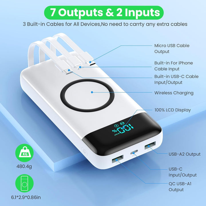 Wireless Power Bank 26800mAh mit 3 Kabel, 7 in 1 25W PD3.0+QC4.0 Schnellladen USB C Powerbank, 6 Aus
