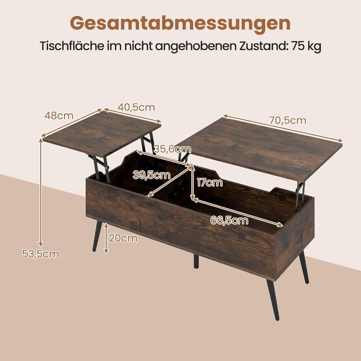 COSTWAY Couchtisch höhenverstellbar, Wohnzimmertisch mit anhebbarer Tischplatte & 2 versteckten Abla