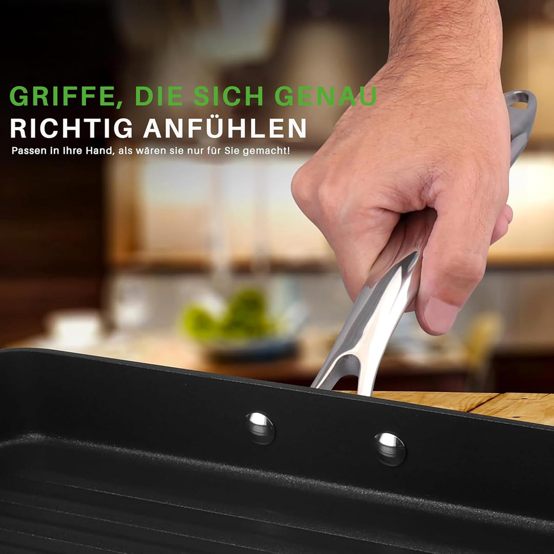 NutriChef Grillpfanne quadratische Gusseisenpfanne mit Antihaft-Rillenbeschichtung, 28 cm, Black
