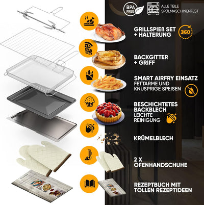 Stillstern Minibackofen mit Umluft (45L) Deutsche Version, 13 Programme, Zubehör 2x Backblech, Drehs