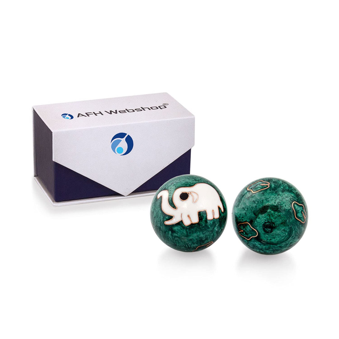 Meditation Qi-Gong-Kugel Paar mit Klangwerk | Klangkugeln | Yin Yan | Design ELEFANT GRÜN (Ø: 30mm)