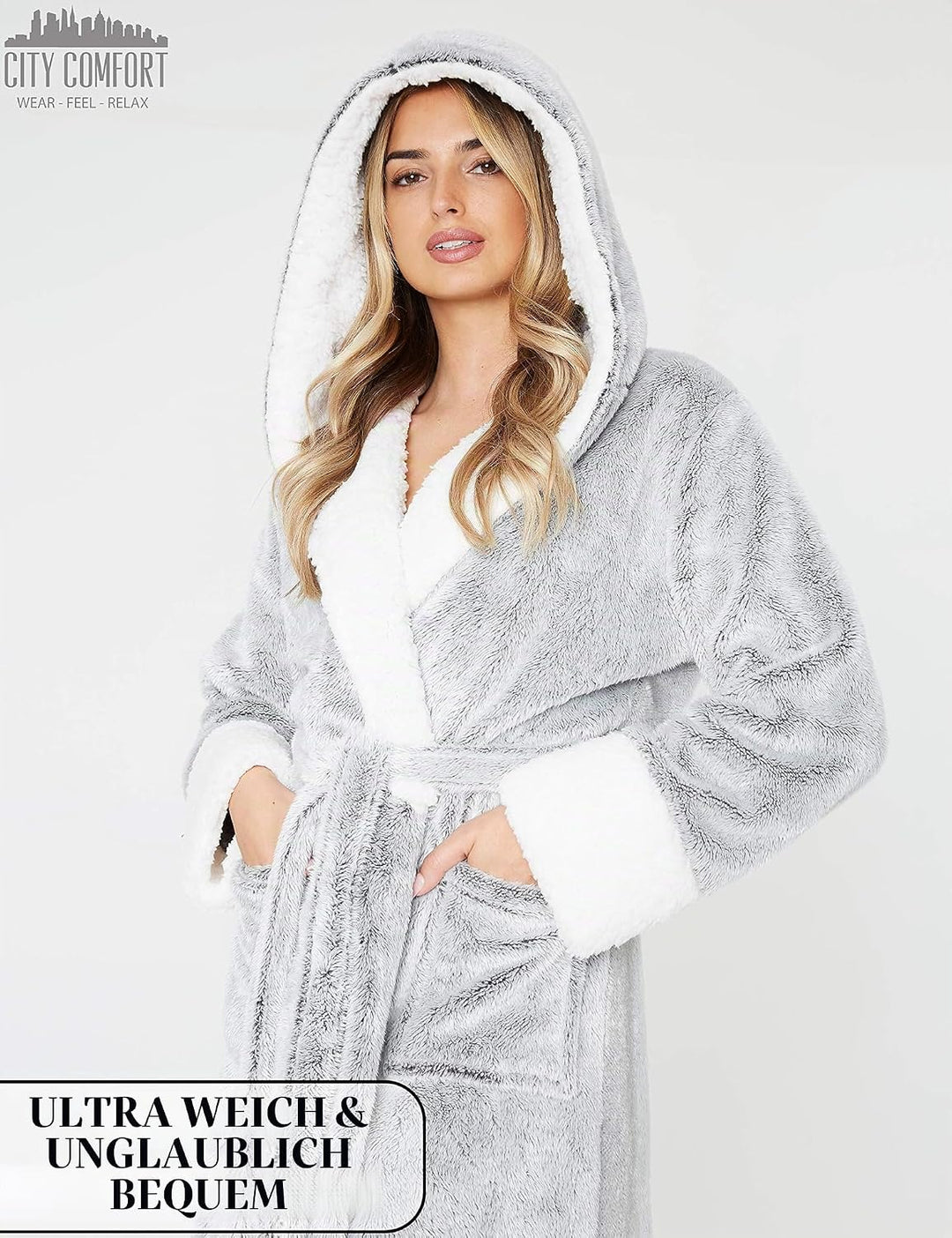 CityComfort Bademantel Damen Flauschig, Fleece Morgenmantel Damen Dressing Gown Women L Grau, L Grau